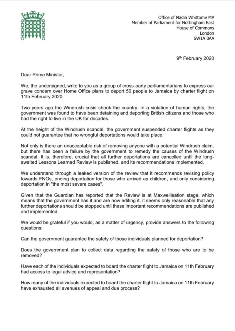 Letter to the Home Secretary on the Jamaica Deportations (Page 1)