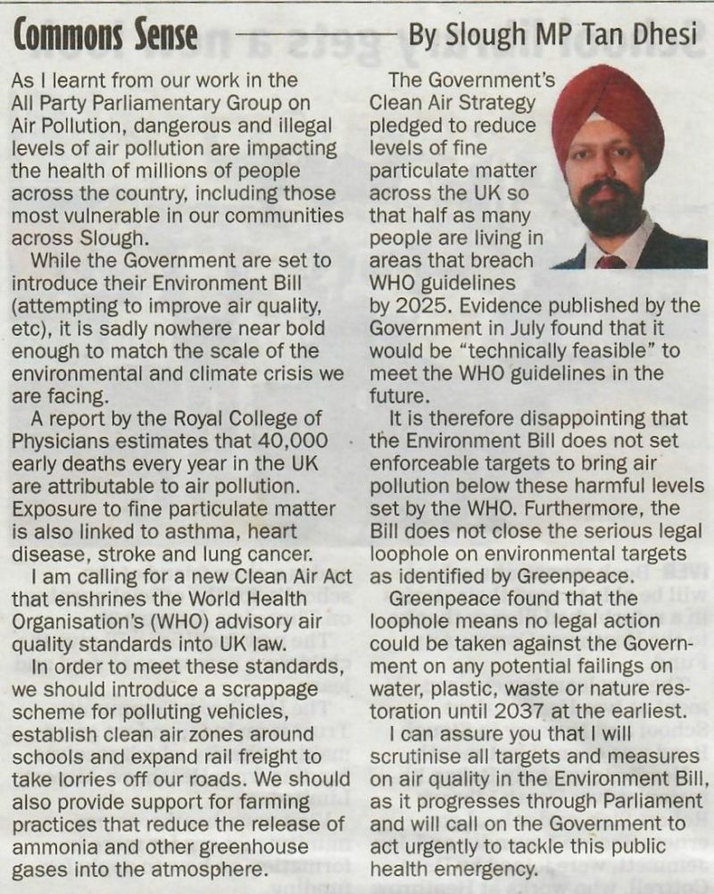 Article on air pollution for the Slough Express.