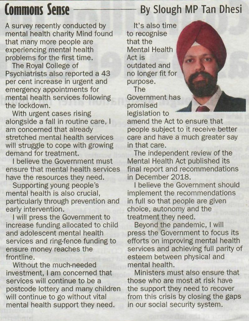 Article on mental health for the Slough Express