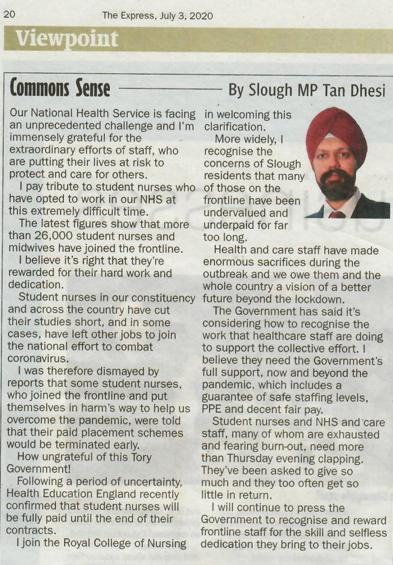 Article for the Slough Express on the contribution of NHS workers
