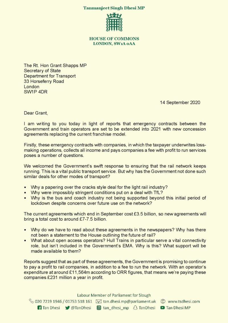 Letter to the transport Secretary