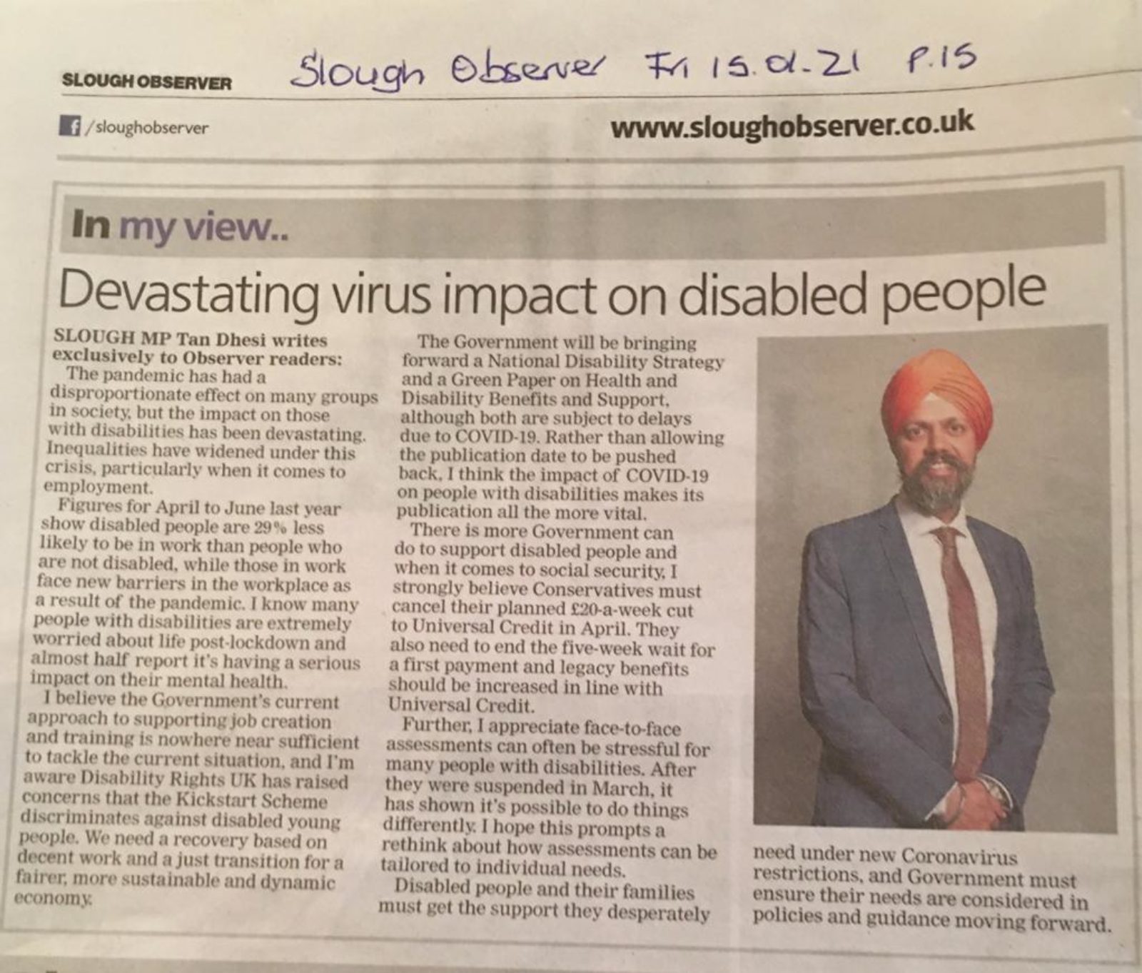 Slough Observer impact of Covid on people with disabilities