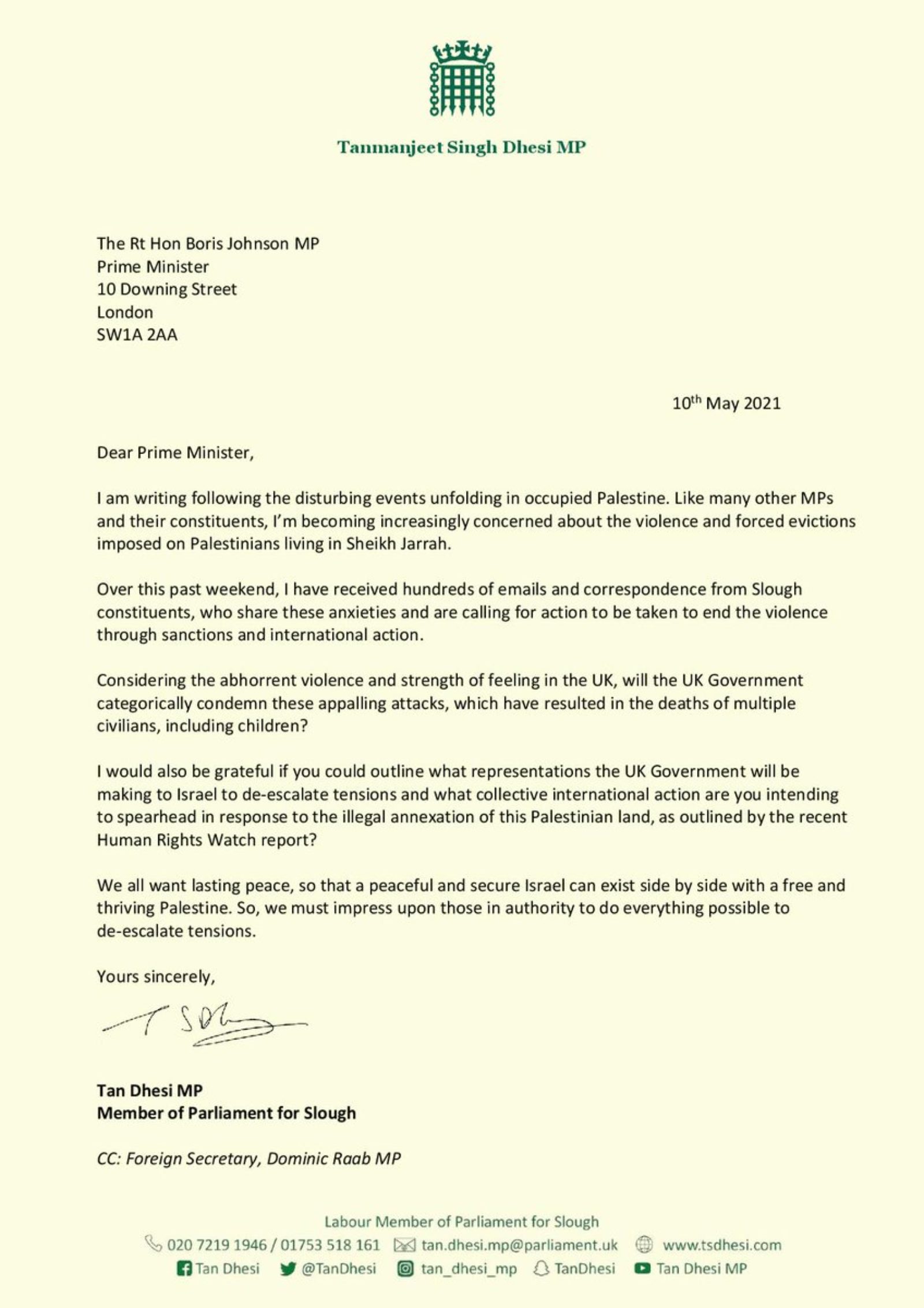Tan Dhesi letter to Boris Johnson on Palestine 