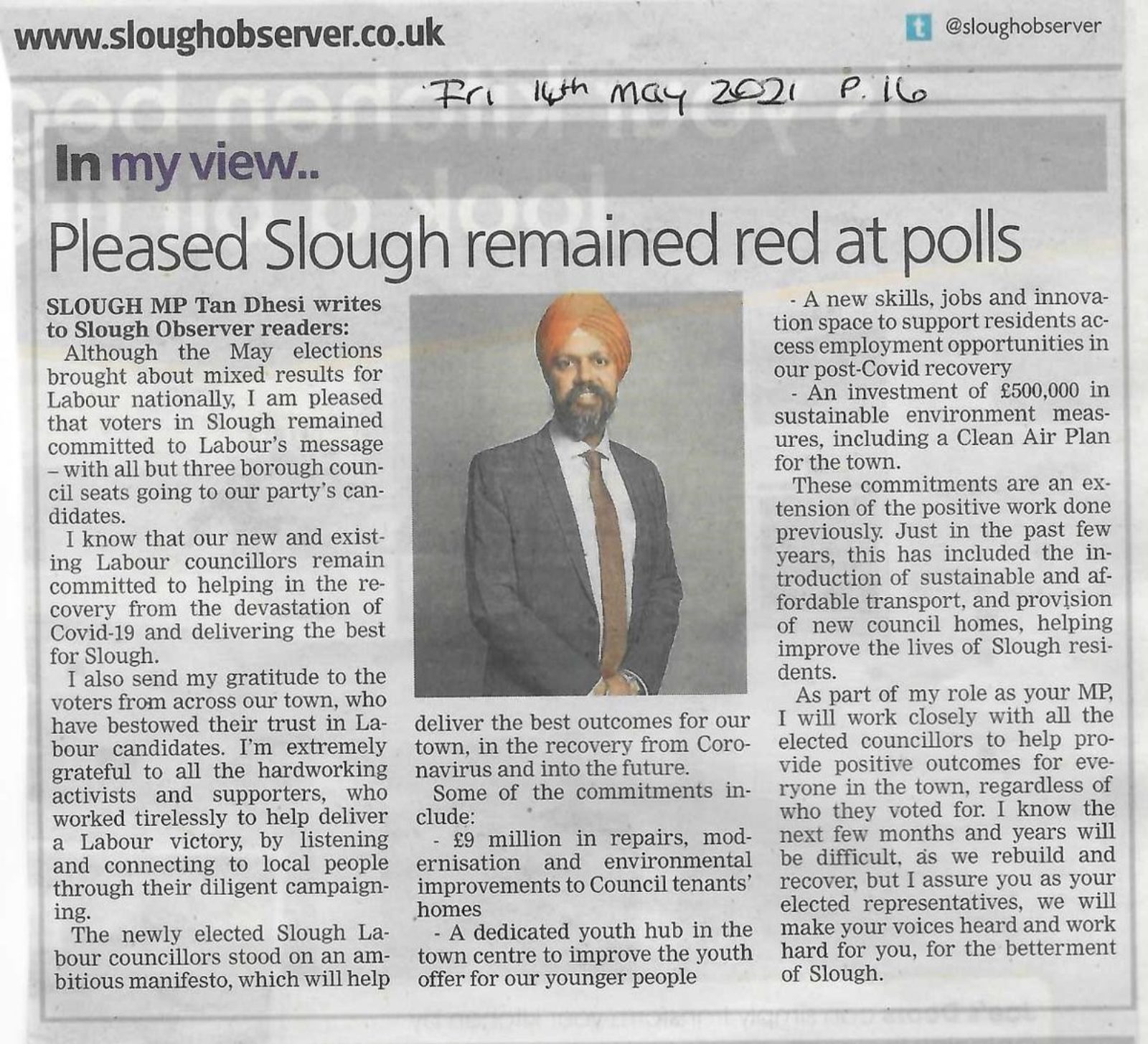 Tan Dhesi Slough Observer Column pleased Slough remained red in the polls 