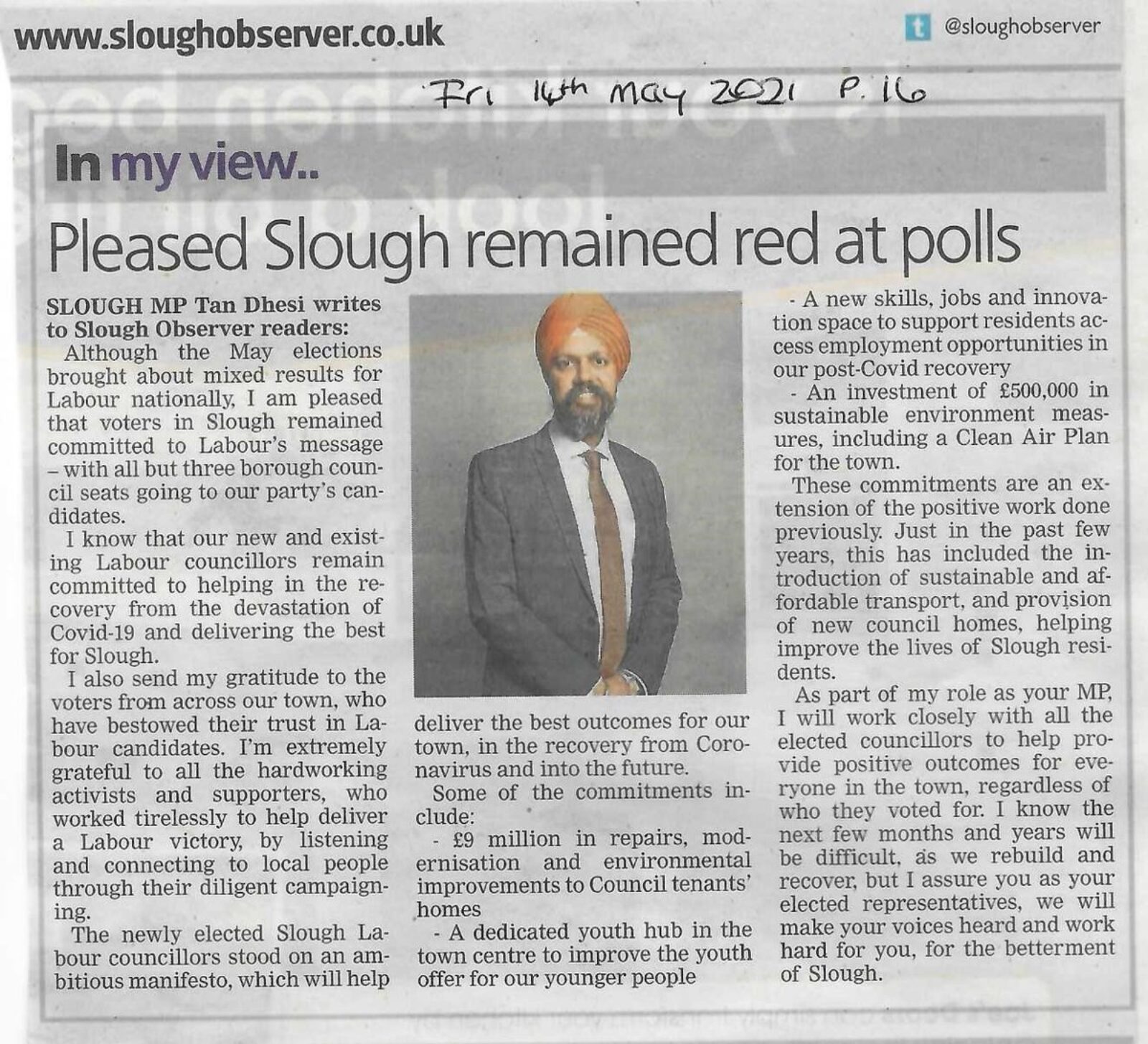 Tan Dhesi Slough Observer Column pleased Slough remained red in the polls