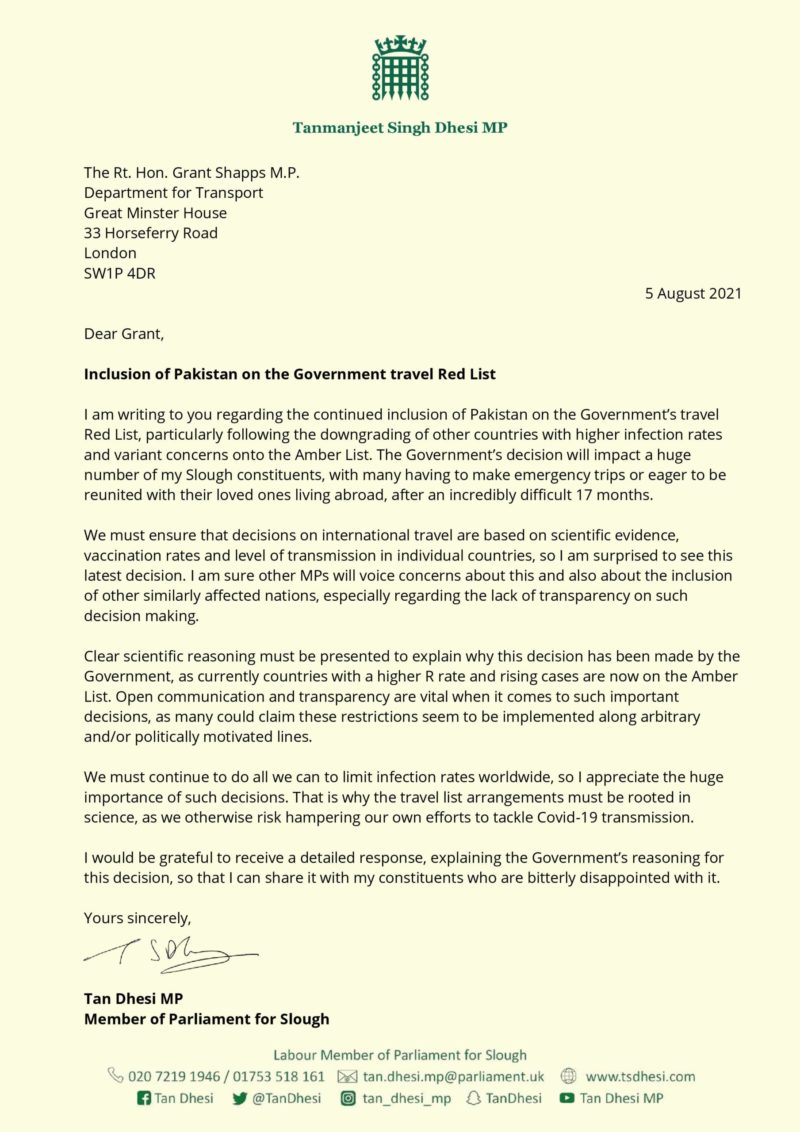 Letter to Grant Schapps , Secretary of State for Transport 