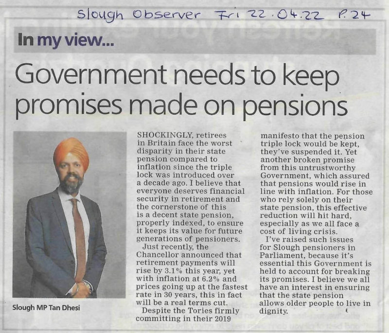 Slough Observer article on the pension triple lock 