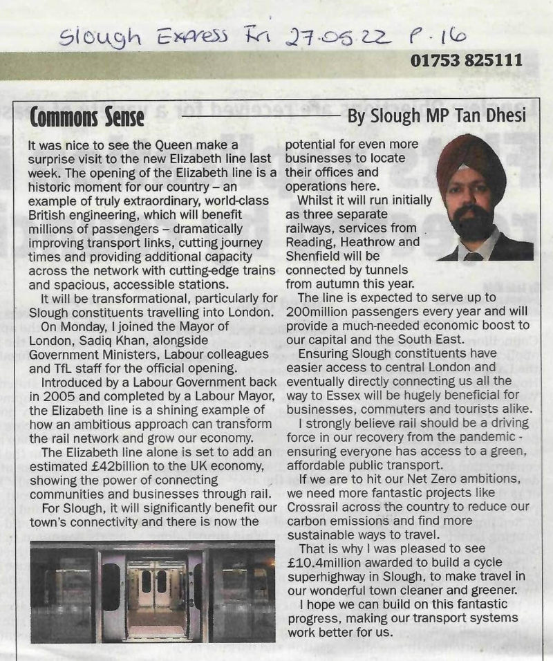 Slough Express Common Sense column on the recently opened Elizabeth line
