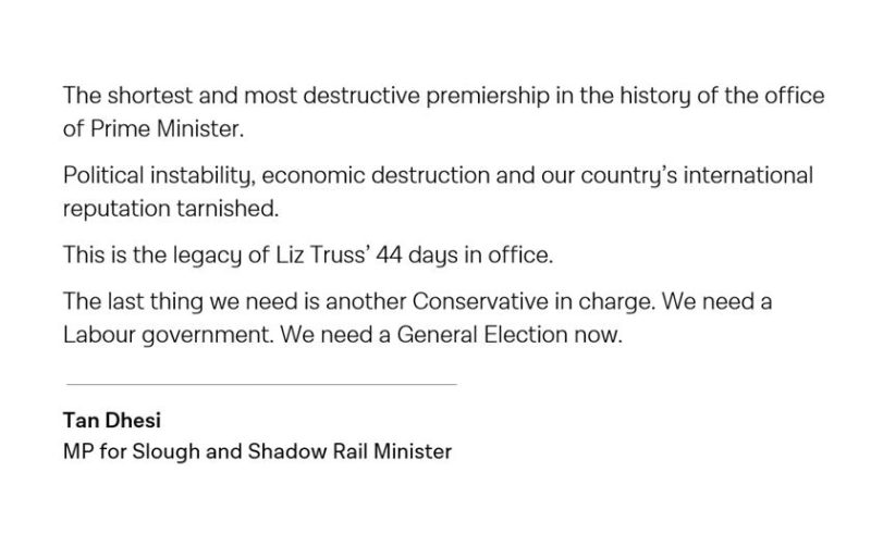 Statement from Tan Dhesi MP for Slough and Shadow Rail Minister:  