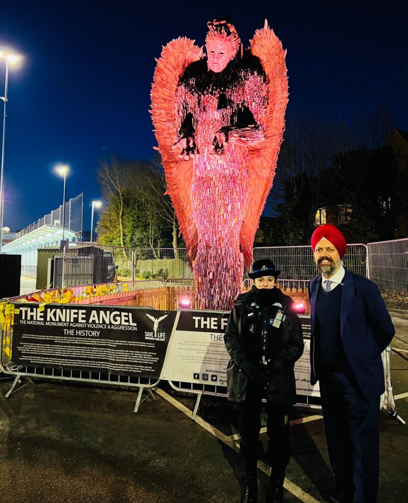 Tan Dhesi MP pictured with The Knife Angel monument.