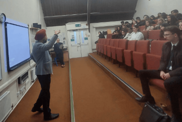 Tan Dhesi MP pictured speaking to Sixth Form students at St Bernard's Catholic Grammar School.
